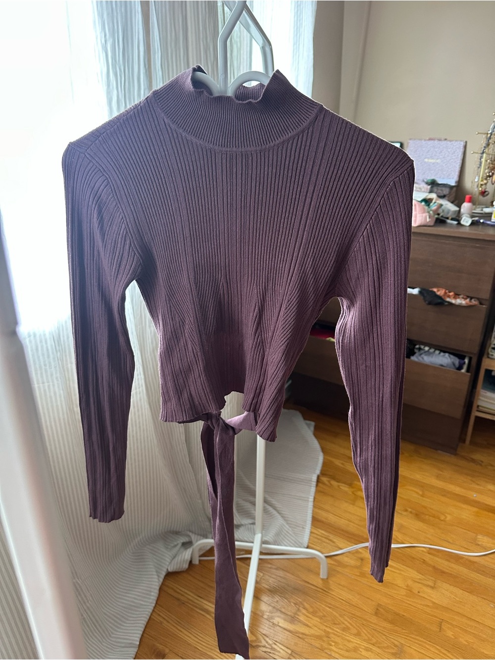 Dynamite Ribbed Tie-Front Long Sleeve Top in Plum NEVER WORN